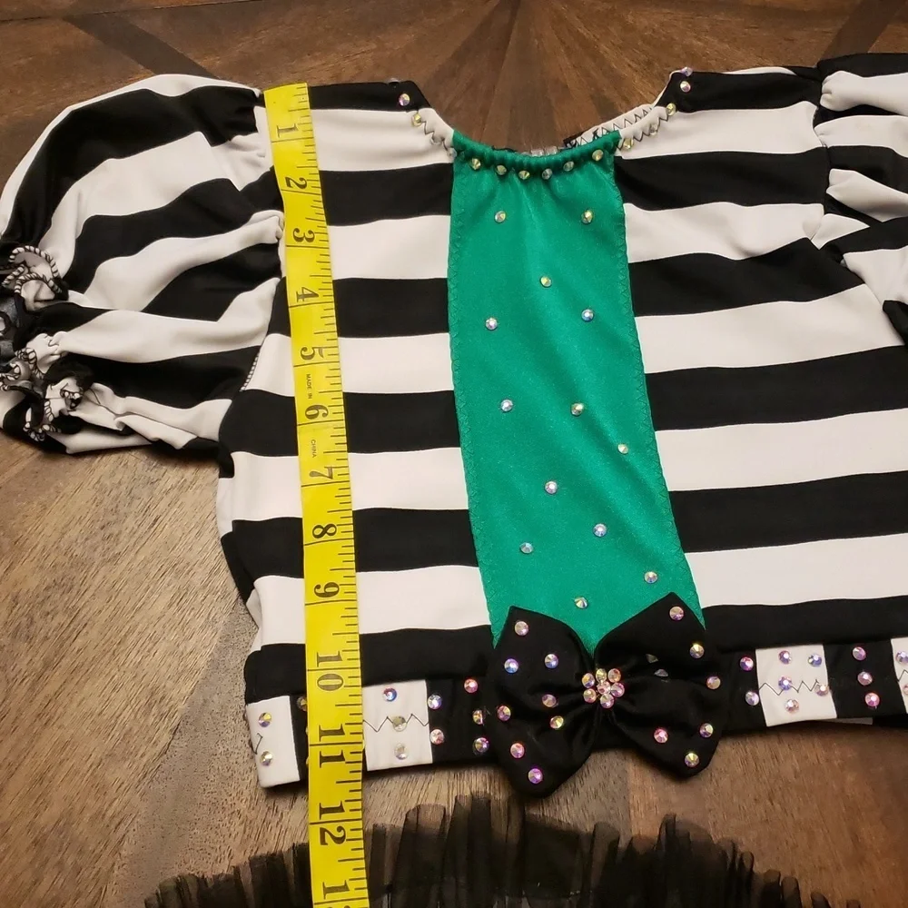 Striped Black and White Kids Dance  Costume Rhinestones Beetlejuice Waistress